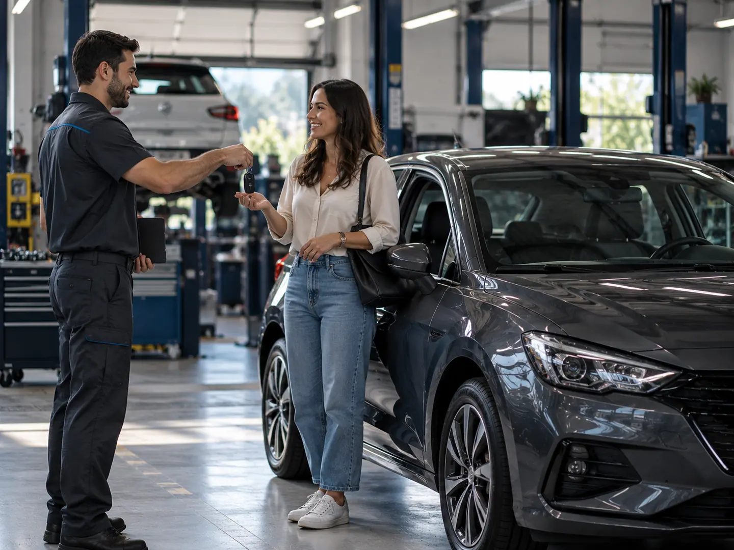 Carro reserva no seguro auto: cliente recebendo a chave de um carro na oficina