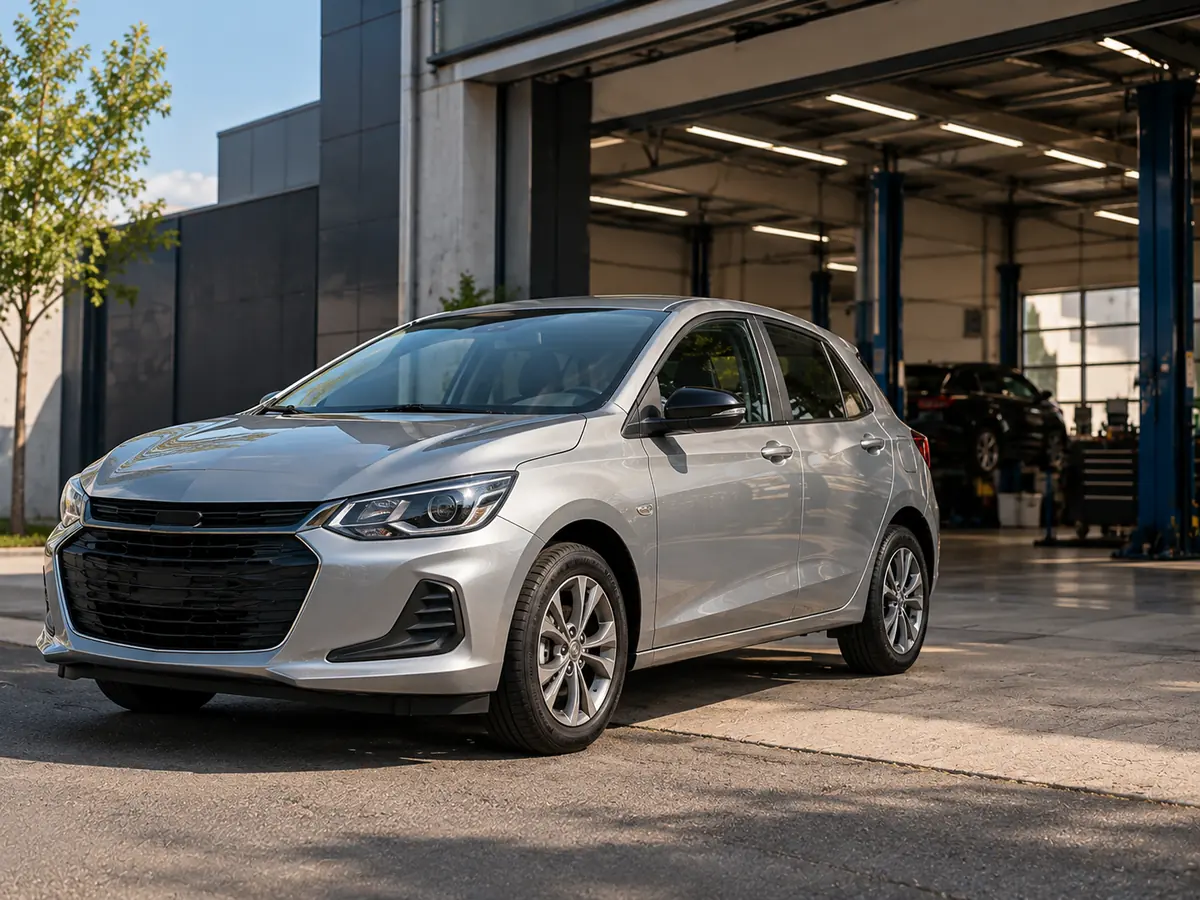 Carro reserva compacto estacionado em frente a uma oficina