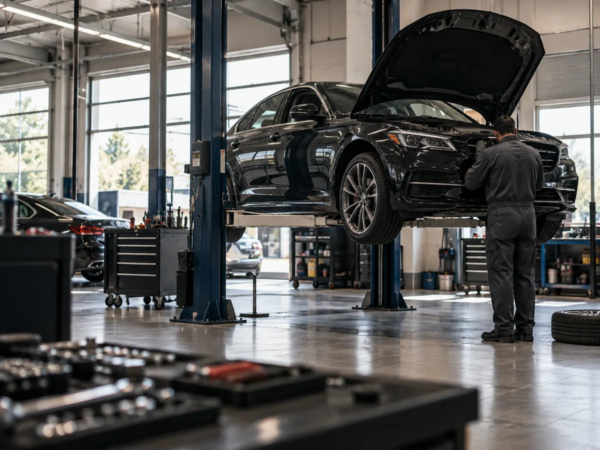 Mecânico examinando o motor de um carro importado em uma oficina