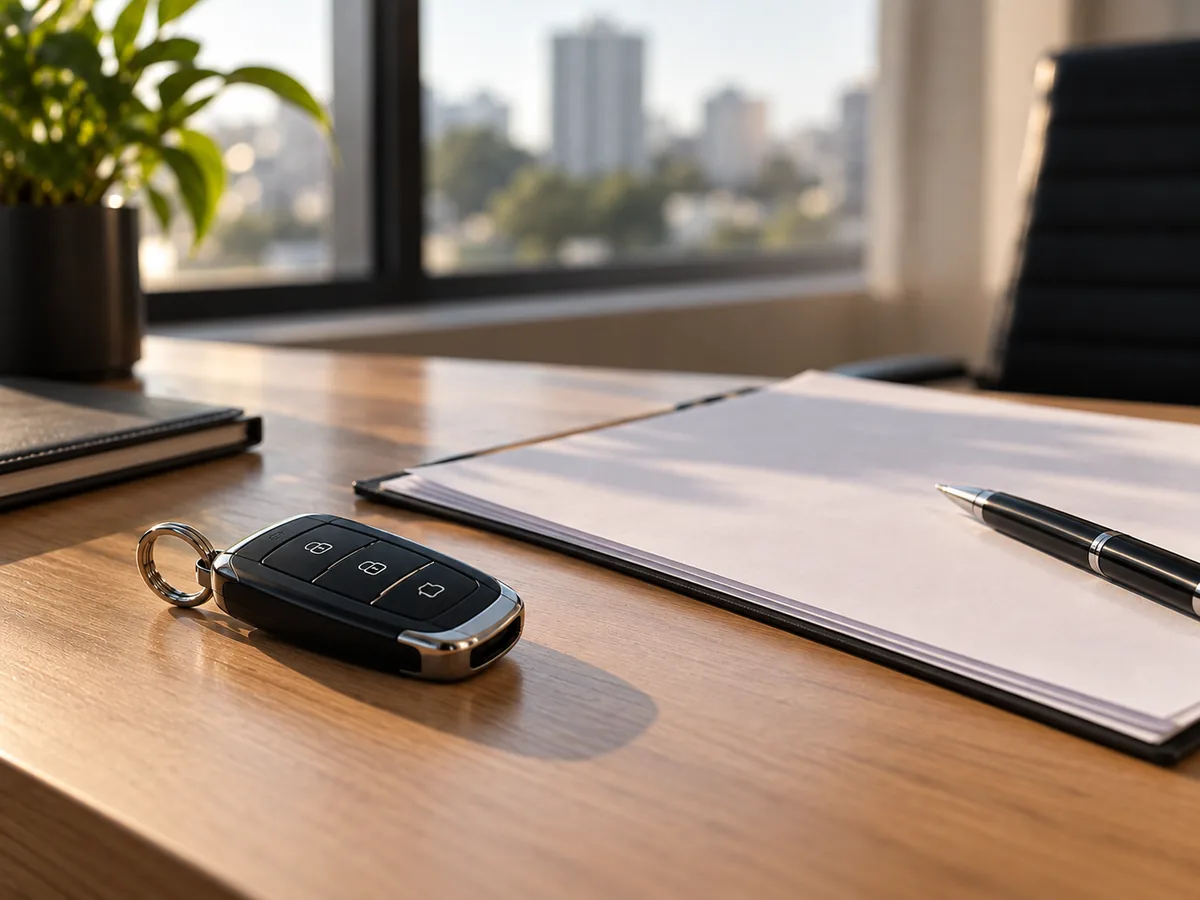 Chave de carro e contrato sobre a mesa, ilustrando o seguro de carro financiado