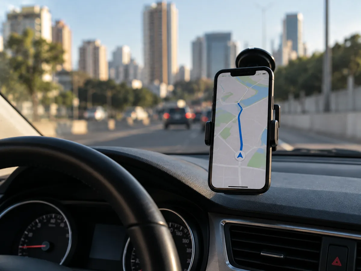 Celular em suporte no painel de um carro usado por motorista de aplicativo