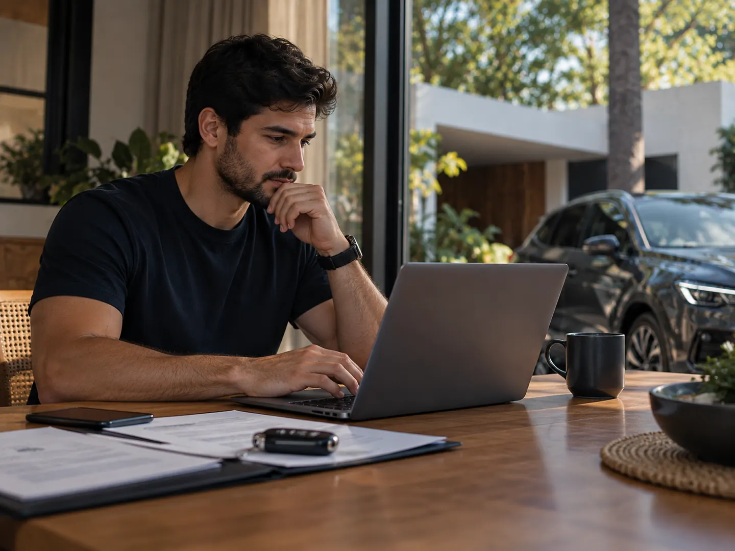 Renovação do seguro auto: pessoa conferindo a apólice no notebook, com a chave do carro na mesa