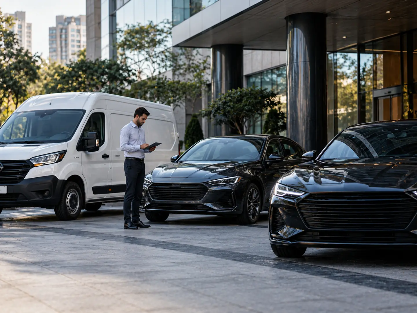 Seguro auto para empresas: van e carros executivos em frente a prédio comercial