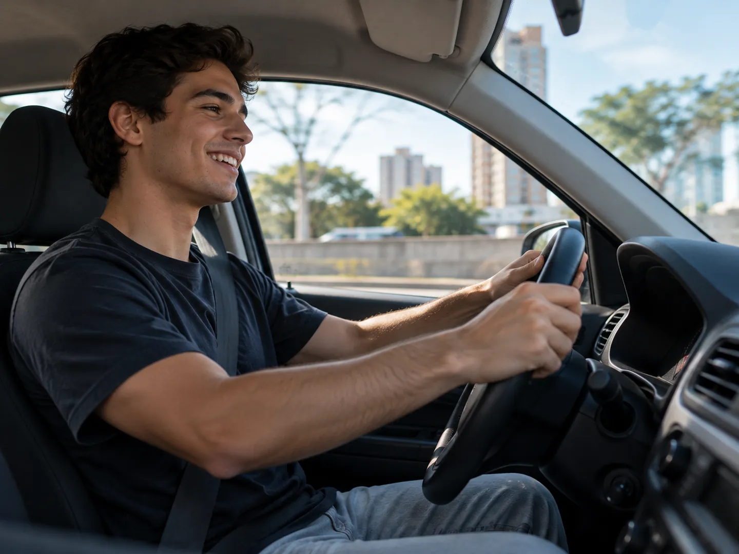 Seguro auto para jovem: jovem motorista sorrindo ao volante do carro