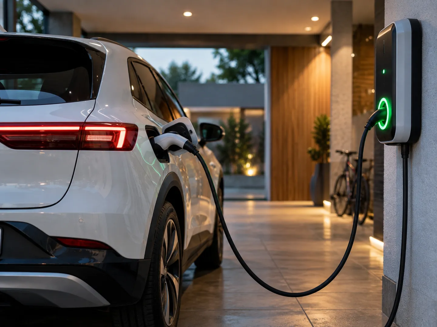 Seguro para carro elétrico: carro elétrico carregando na garagem de casa