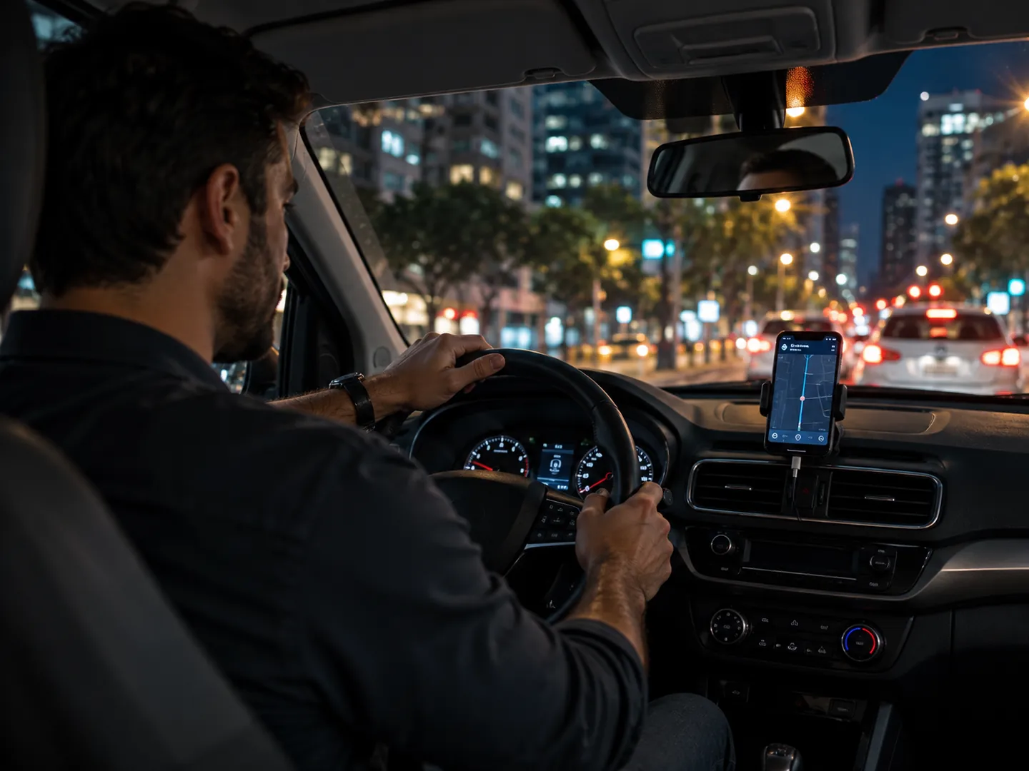 Seguro para motorista de app: motorista dentro do carro com o celular no suporte